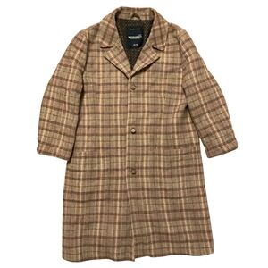 Y2K Nautica Jeans Co Men XL Wool Blend Plaid Overcoat Tan Brown Long Trench Coat